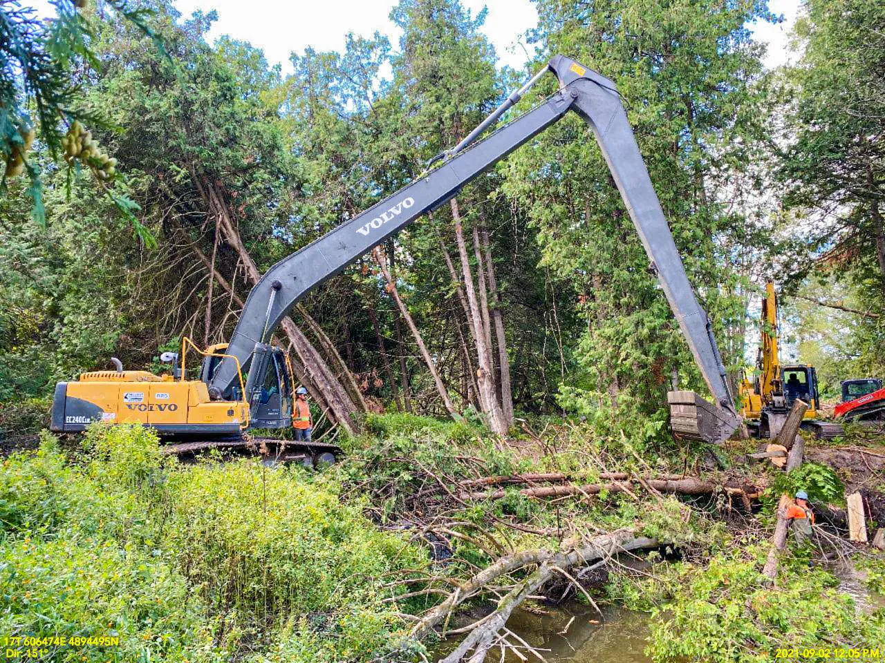 Excavator moving trees into place along river bank