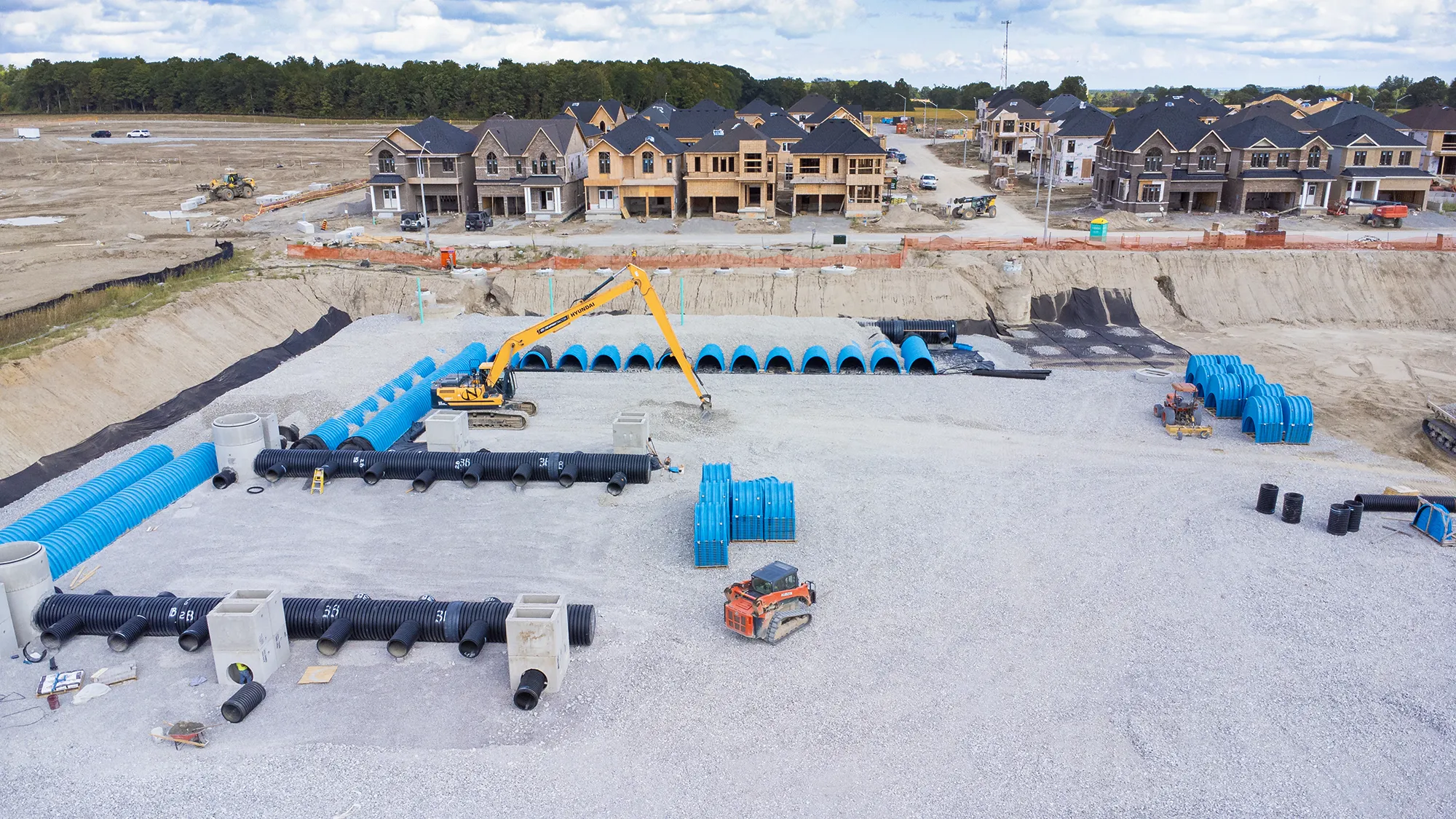 Drone image showing stormwater drainage and subdivision construction